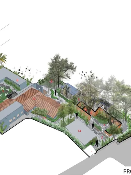 A proposal drawing for the Sanctuary Bar & Kitchen, showing an axonometric view of the site plan. This illustrates the vision and planning that guided the transformation of the heritage site.