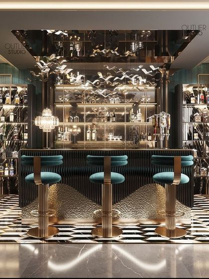 No better place to have a drink on a Saturday after a long week. This fully-stocked home bar features backlit shelving, a mirrored ceiling, and a dramatic black and white floor, exuding pure luxury.