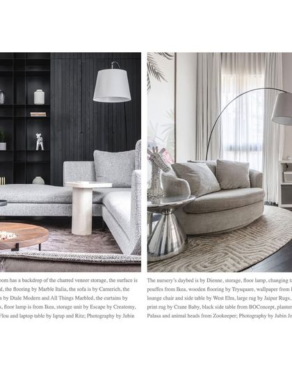This spread from our Elle Decor feature showcases the family room and nursery in House 111, highlighting the project's versatile and thoughtfully curated design.