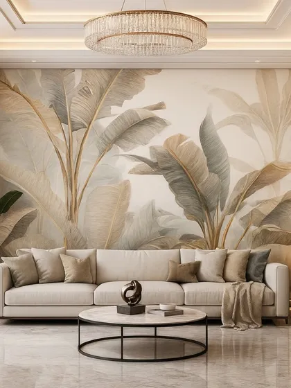 A clean and modern living room with a wallpaper of large, neutral-toned banana leaves. The simple color palette makes it a versatile choice for many interior styles.