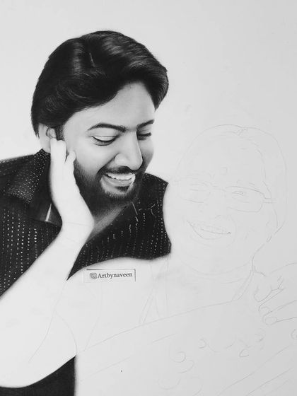 A work-in-progress shot of the mother and son portrait. Here, I've fully rendered the son's face and am beginning to map out his mother's features beside him.