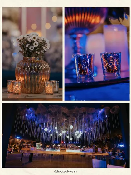 A collage of details from the celestial Sangeet, including the bar setup with its starry ceiling, speckled votives, and moody blue and amber lighting.