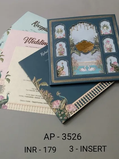 This boxed invitation in a deep teal color features multiple windows showing peacocks and floral motifs. The set includes three colorful inserts for your various wedding events.
