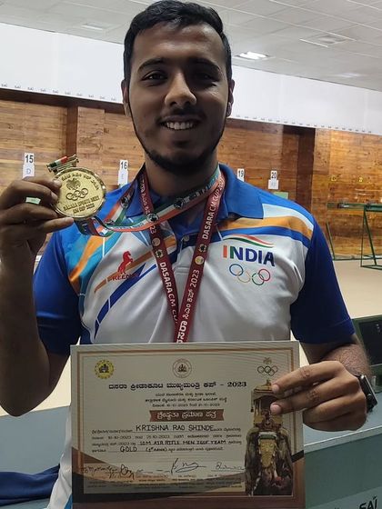 Our shooter Krishna Raj Shinde proudly displays his gold medal and certificate from the Dasara CM Cup Shooting Championship 2023.