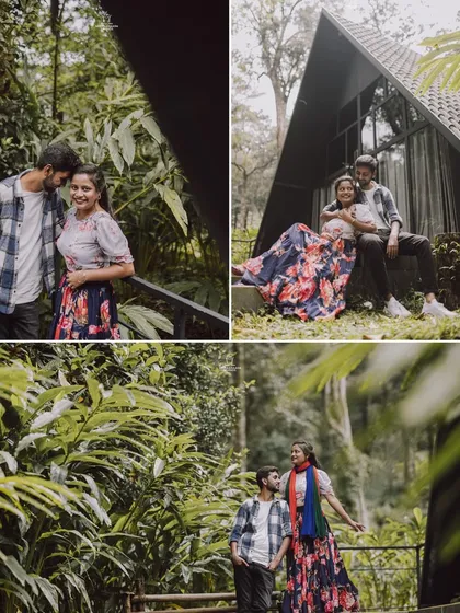 A collage from a pre-wedding shoot in a lush, green location, capturing the couple's playful and romantic interactions.
