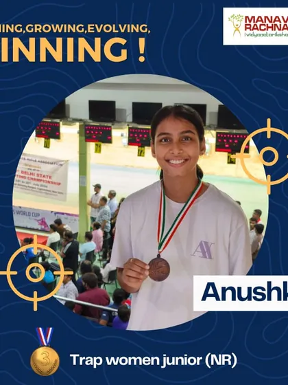 Anushka, one of our promising junior shooters, with her bronze medal from the Trap Junior Women (NR) event at the 39th Delhi State Shooting Championship.