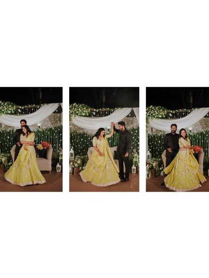 A triptych capturing the couple dancing and celebrating at their beautifully decorated engagement ceremony.