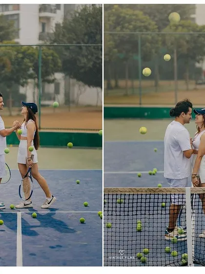 A diptych showing both playful and romantic interactions on the tennis court. We aim to show the different facets of your relationship in every shoot.