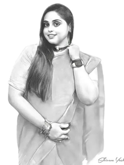 This sketch of a client in a saree shows how I capture both the person and their personal style, including accessories like her smartwatch.