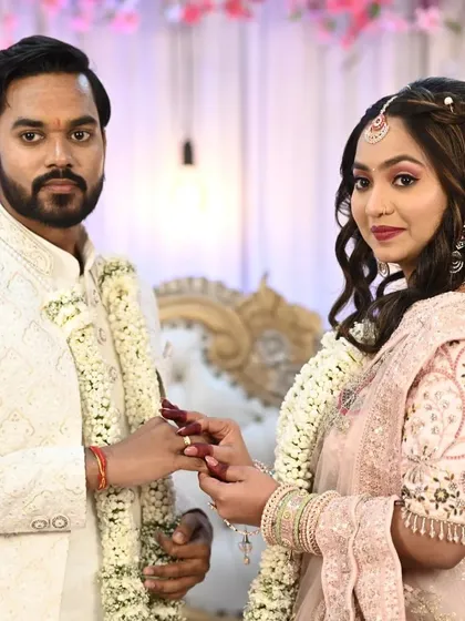 A wedding is about the couple, and I make sure both the bride and groom look their absolute best. Here you can see a beautiful engagement ceremony look, with coordinated soft glam for the bride and subtle, fresh makeup for the groom.