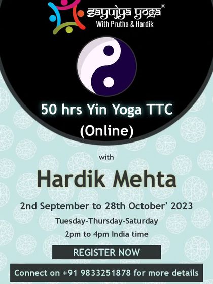 Announcement for our 50-hour online Yin Yoga TTC with Hardik Mehta.