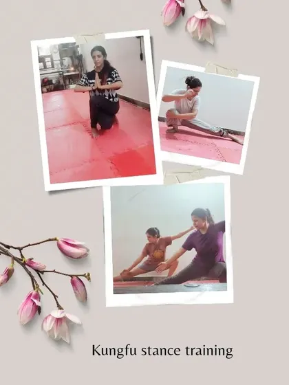 This collage shows different aspects of Kung Fu stance training. From low stances to stretching, these foundational poses are practiced daily to build strength and flexibility.