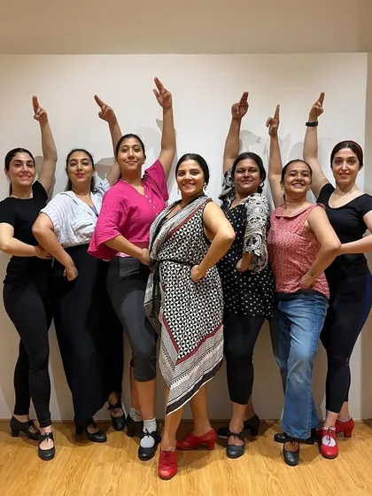 Our powerful Farruca Flamencas striking a pose after a Sunday session at the studio! This style is strong and expressive, and you can see the confidence and camaraderie we build in every class. We work hard, but we always celebrate our progress together as a team.