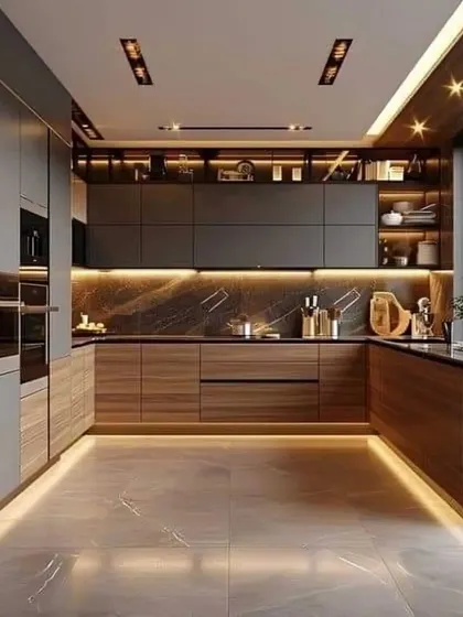 I specialize in creating sophisticated spaces with premium materials. This U-shaped modular kitchen showcases a dramatic look with dark wood grain cabinets, integrated appliances, and multi-level ambient lighting for a truly high-end feel.