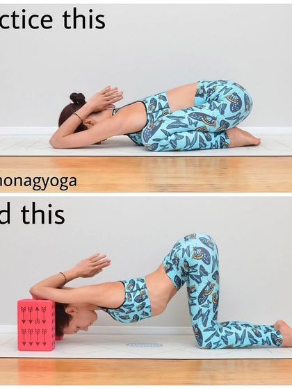 This demonstrates how to use a block to deepen the stretch in Uttana Shishosana (Extended Puppy Pose). Placing the block under the head or chest helps to open the shoulders and upper back more effectively.
