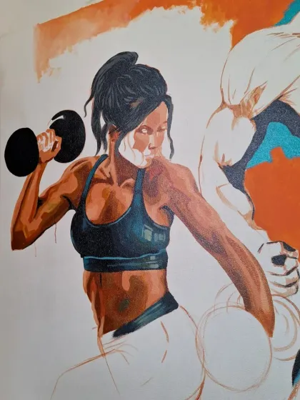 Another progress shot of the gym mural, showing the shading and color blocking on the female figure.