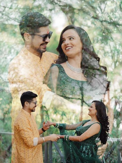 A creative double-exposure portrait of the couple dancing. The layered effect adds a dreamy and artistic quality to this joyful moment.