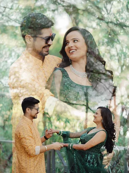 A creative double-exposure portrait of the couple dancing. The layered effect adds a dreamy and artistic quality to this joyful moment.