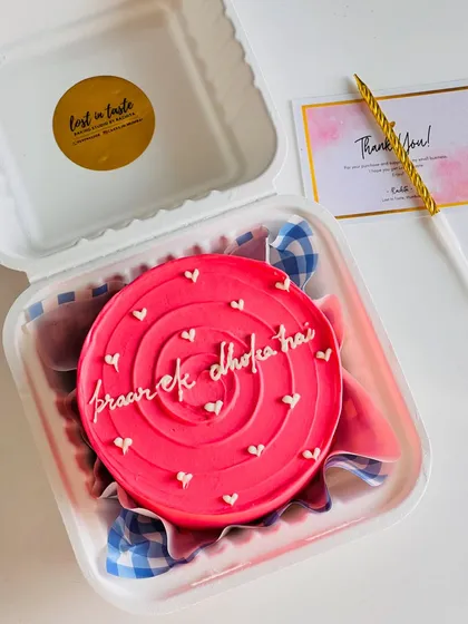 My bento cakes are perfect for smaller celebrations and can be customized with fun, quirky messages like this "pyaar ek dhoka hai" design.