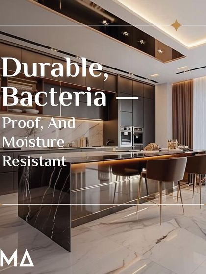 This kitchen is the definition of durable luxury. The M-Core™ construction makes it bacteria-proof and moisture-resistant, perfect for a busy household. The dark cabinetry and marble flooring create a dramatic, high-end feel.