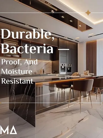 This kitchen is the definition of durable luxury. The M-Core™ construction makes it bacteria-proof and moisture-resistant, perfect for a busy household. The dark cabinetry and marble flooring create a dramatic, high-end feel.
