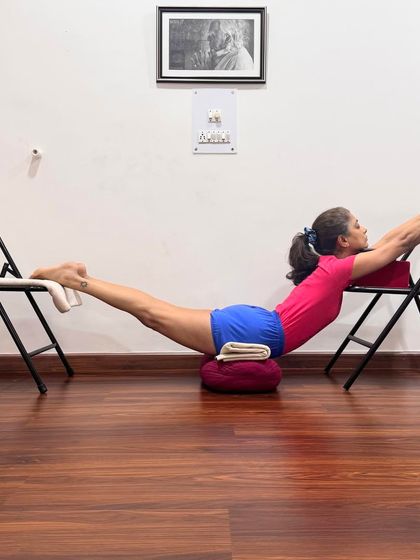 This supported variation of Salabhasana (Locust Pose) uses two chairs to lift the body. This allows the practitioner to experience the full extension of the spine without strain, building strength in the back muscles.