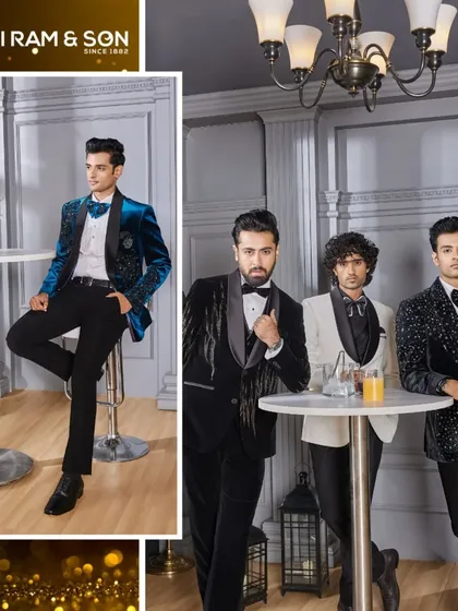 Iss shaam, apni classy look se sabko chhodiye hairaan! A group of men in our finest tuxedos, from blue velvet to classic black, ready for a stylish evening.