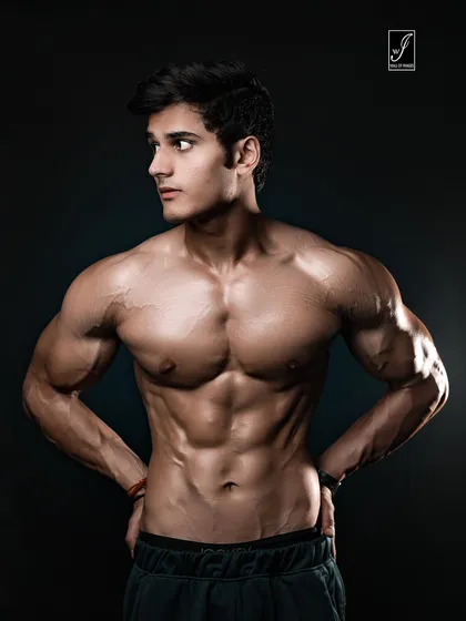 A confident three-quarter turn pose with hands on hips. The lighting is designed to highlight the chest, shoulders, and the vascularity in the arms, presenting a complete and powerful upper body look.