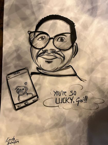 This caricature shows a man proudly displaying a photo of his pug on his phone. It's a fun way to include a pet in a portrait.