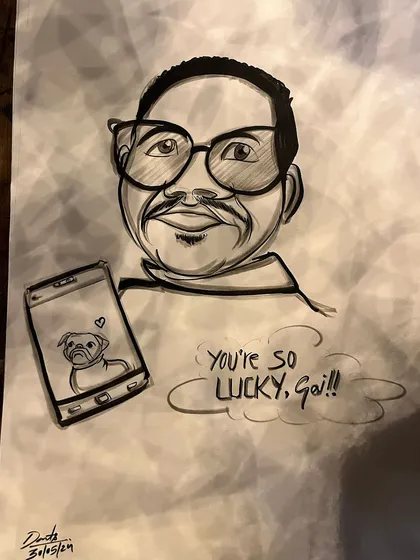 A caricature of a man showing off a picture of his pug on his phone.