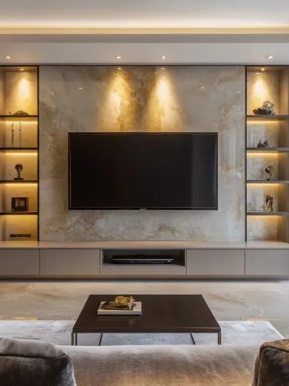 This television unit is designed as a sophisticated focal point, featuring a stunning marble accent wall flanked by custom, back-lit display shelves. The floating console provides sleek, minimalist storage, creating a look that is both functional and exceptionally stylish for a modern living room.