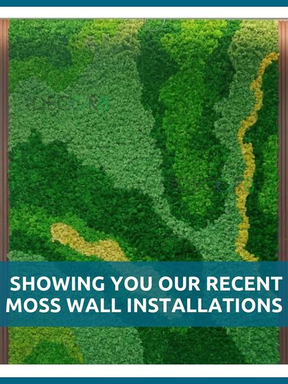 This image showcases some of our recent moss wall installations. Each design is unique, using different shades and textures of moss to create patterns that range from abstract art to flowing landscapes, tailored to the client's vision.