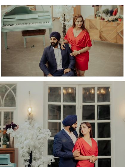 A diptych from their shoot at The Picture Villa. The couple poses by a piano and a classic window, creating a feeling of timeless romance in a European-style setting.