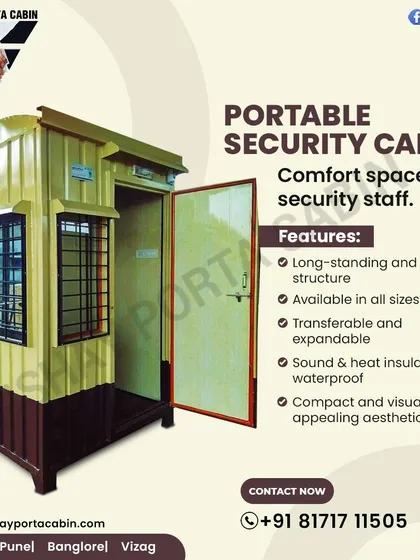 This portable security cabin is designed for comfort and durability. The structure is sturdy, waterproof, and insulated against sound and heat, providing a secure and comfortable space for security staff in all weather conditions.