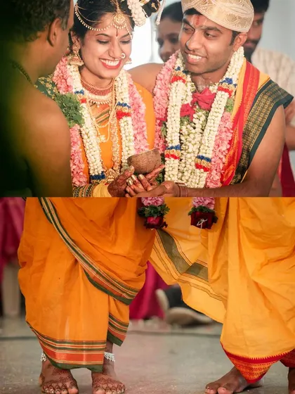 A candid moment of shared laughter between the bride and groom during their traditional Kannada wedding ceremony. These are the memories that truly last a lifetime.