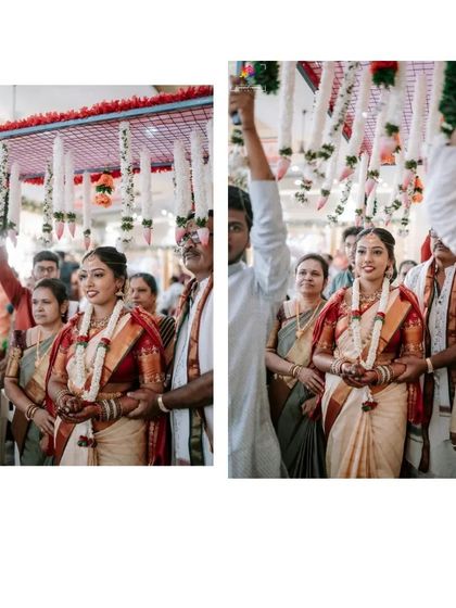 A diptych of the bride's procession, capturing her serene expression as she walks towards the mandap. These photos highlight the grace and importance of the moment.