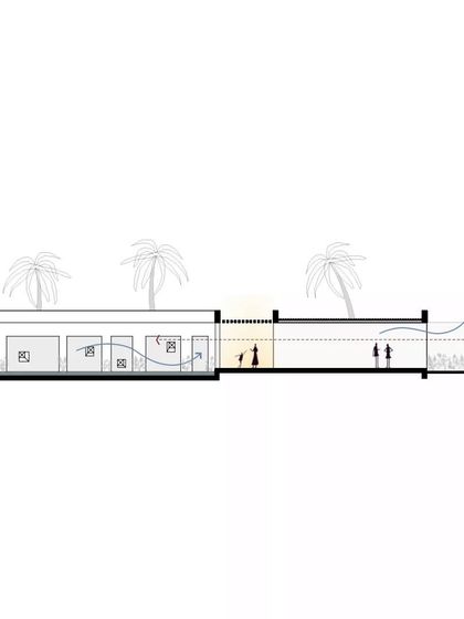 A sectional diagram of the Akriti Experience Centre, illustrating how air and people move through the space. The blue arrows show the path of natural ventilation, a key consideration in our climate-sensitive design approach.