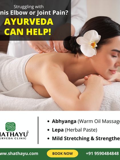 Tennis elbow is often caused by overuse and repetitive movements. I can help with Ayurvedic therapies like Abhyanga (warm oil massage) and Lepa (herbal paste) to reduce pain and inflammation.