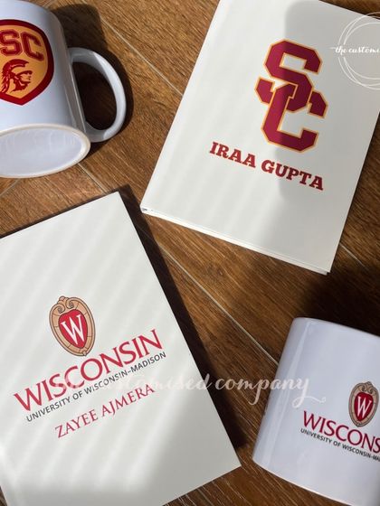 I also cater to educational institutions with custom merchandise. This image shows personalized notebooks and mugs created for students at USC and the University of Wisconsin, perfect for building campus spirit.