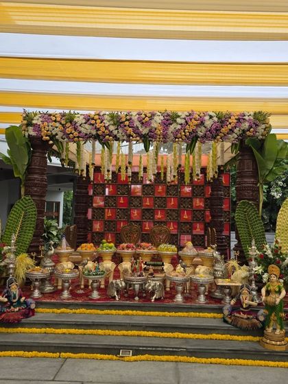 A symmetrical view of the outdoor Chettinad-style mandapam.