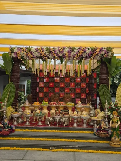 A symmetrical view of the outdoor Chettinad-style mandapam.