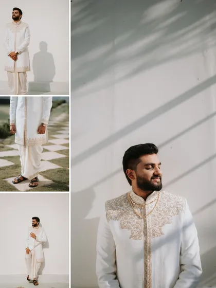 A collage of the groom in his elegant white and gold wedding attire. The clean, bright background and his relaxed poses create a fresh and modern series of portraits.