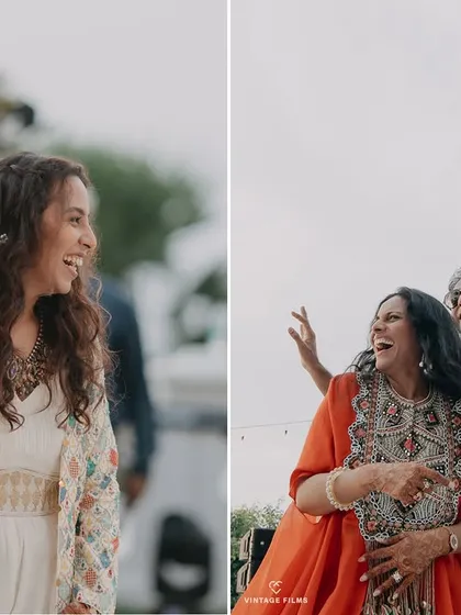 A diptych of candid family moments. These photos capture the genuine laughter and happiness shared between the bride and her parents, preserving the precious, unscripted memories of the day.