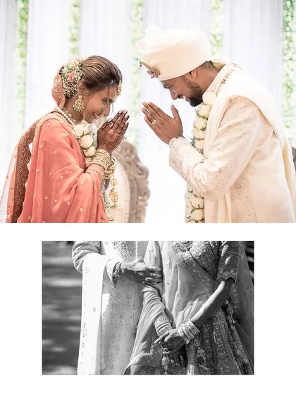 A quiet moment of respect and greeting during the ceremony. The simplicity of this gesture, combined with their joyful smiles, tells a story of a love built on friendship and mutual admiration.