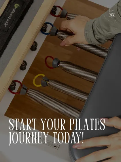 A close-up of the Reformer springs, a key component of our equipment. The text "Start Your Pilates Journey Today!" is a direct and inviting call to action.