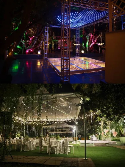 The perfect setting for a pre-wedding cocktail party or sangeet night. The lawn provides ample space for a dance floor, while the surrounding trees, lit with elegant chandeliers and string lights, create a festive and celebratory atmosphere.