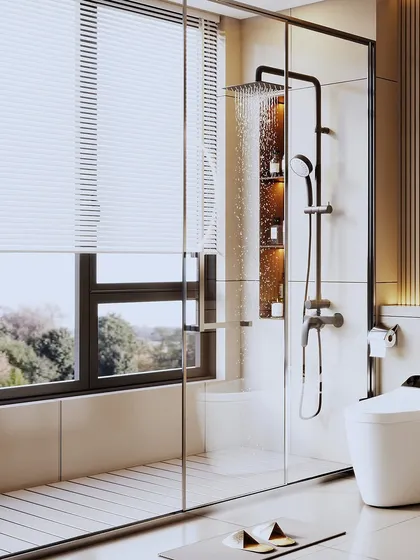 This shot shows the glass-enclosed shower with a view, demonstrating how a bathroom can be connected to the outdoors while maintaining privacy.