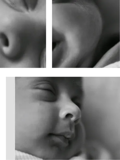 A close-up collage in black and white, showing the serene expressions of a sleeping newborn. These artistic shots highlight the pure innocence of this stage.