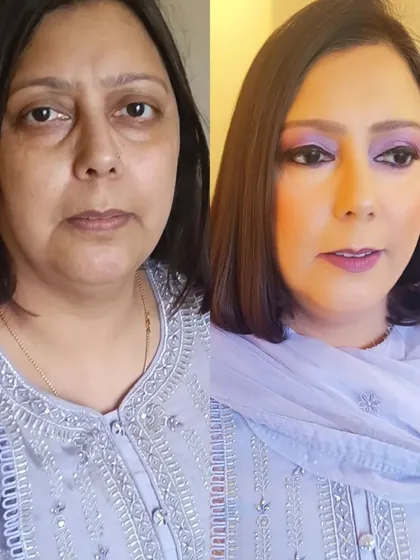 A wonderful makeover for this client from Ludhiana. The purple eyeshadow makes her eyes pop, and the smooth base gives her a youthful, radiant glow, proving elegance is timeless.