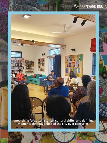 A wide angle view of the room during Roopa Pai's talk on "Becoming Bangalore." The circular seating arrangement encourages a sense of community and shared learning.